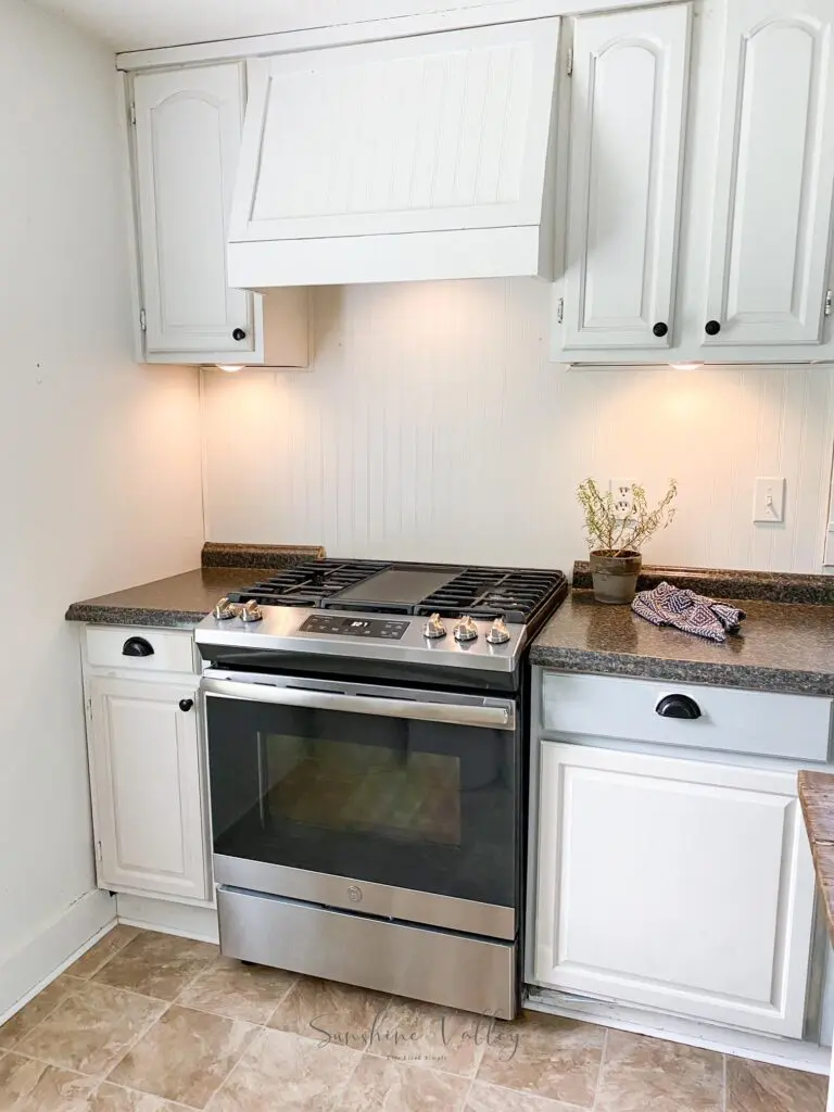 farmhouse kitchen with LED puck lights